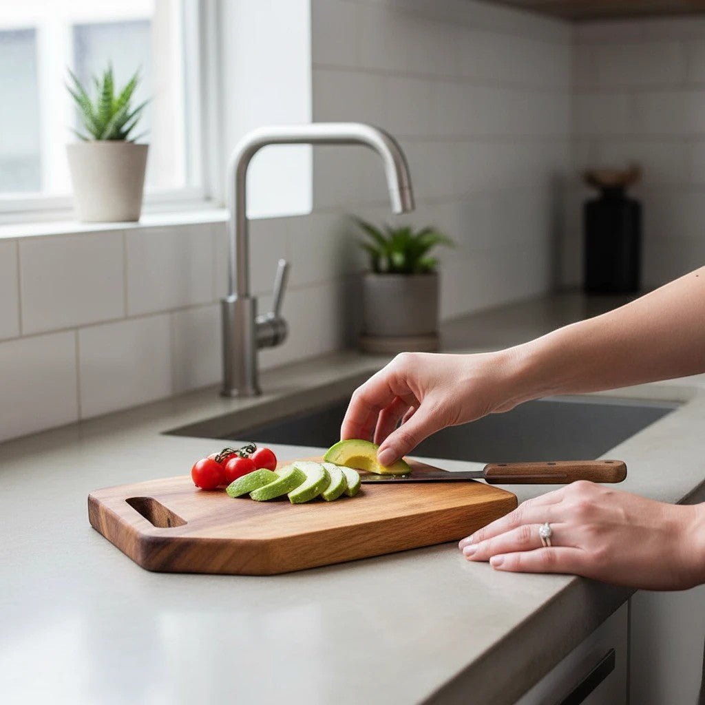 Marai Home Cut & Carry Personal Board, solid acacia wood, for cutting, serving, or decor. Sliced avocado and cherry tomatoes on board.