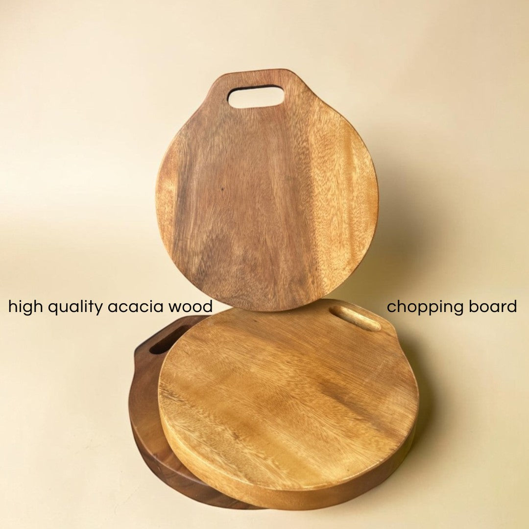 Marai Home Classic Round Acacia Wood Serving Board with handle, natural wood grain, perfect for cutting or serving.