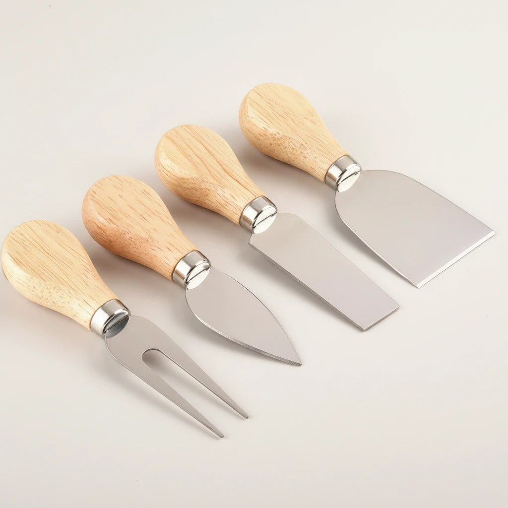 Marai Home 4-piece cheese knife set with natural wood handles and stainless steel blades.