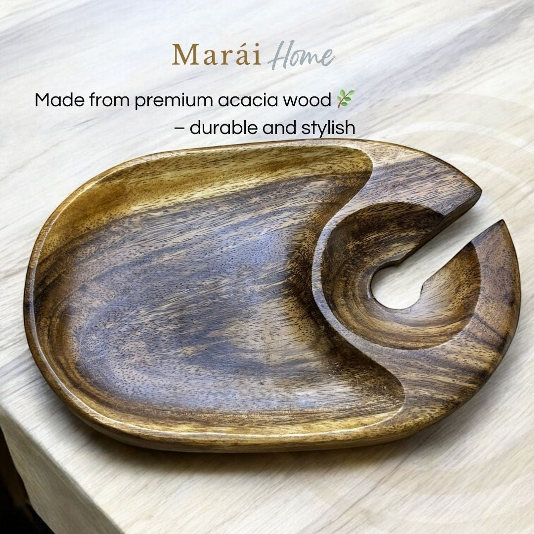 Marai Home acacia wood 2-in-1 wine and cheese carrier with a slot for a wine glass and a plate for snacks.