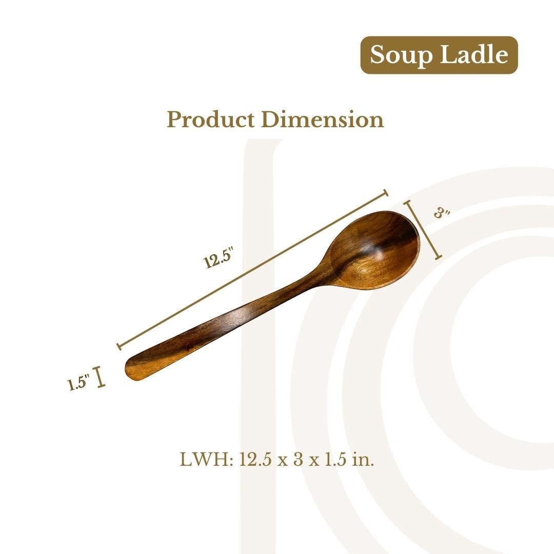 Marai Home wooden soup ladle with a long handle and deep bowl, perfect for serving soups and stews.