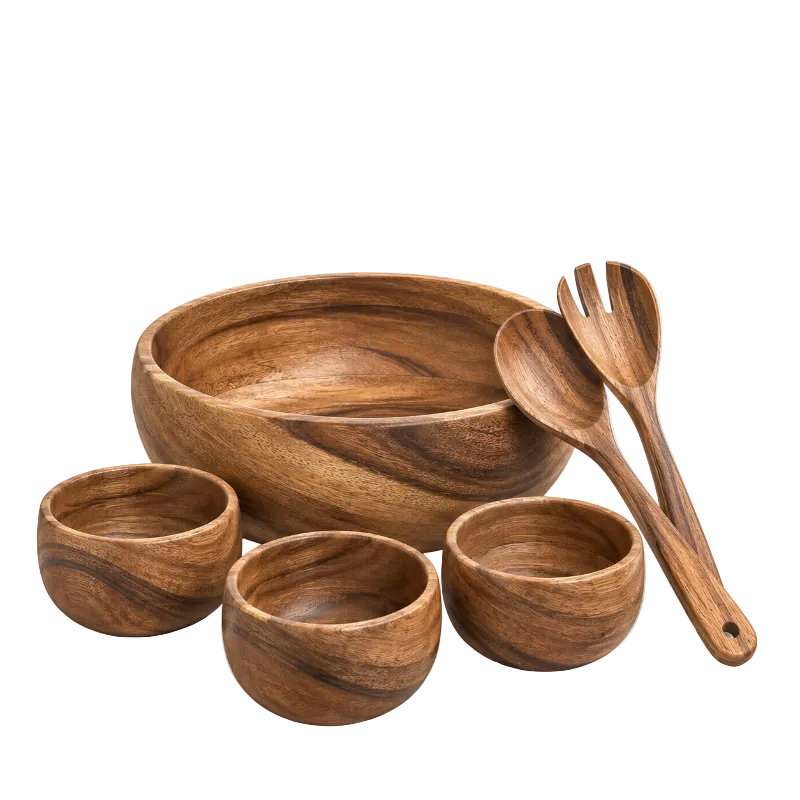 A wooden dining set bundle featuring a large bowl, three small cups, and two wooden serving utensils, arranged on a white background with '9.9 Bundle Fest' text above.