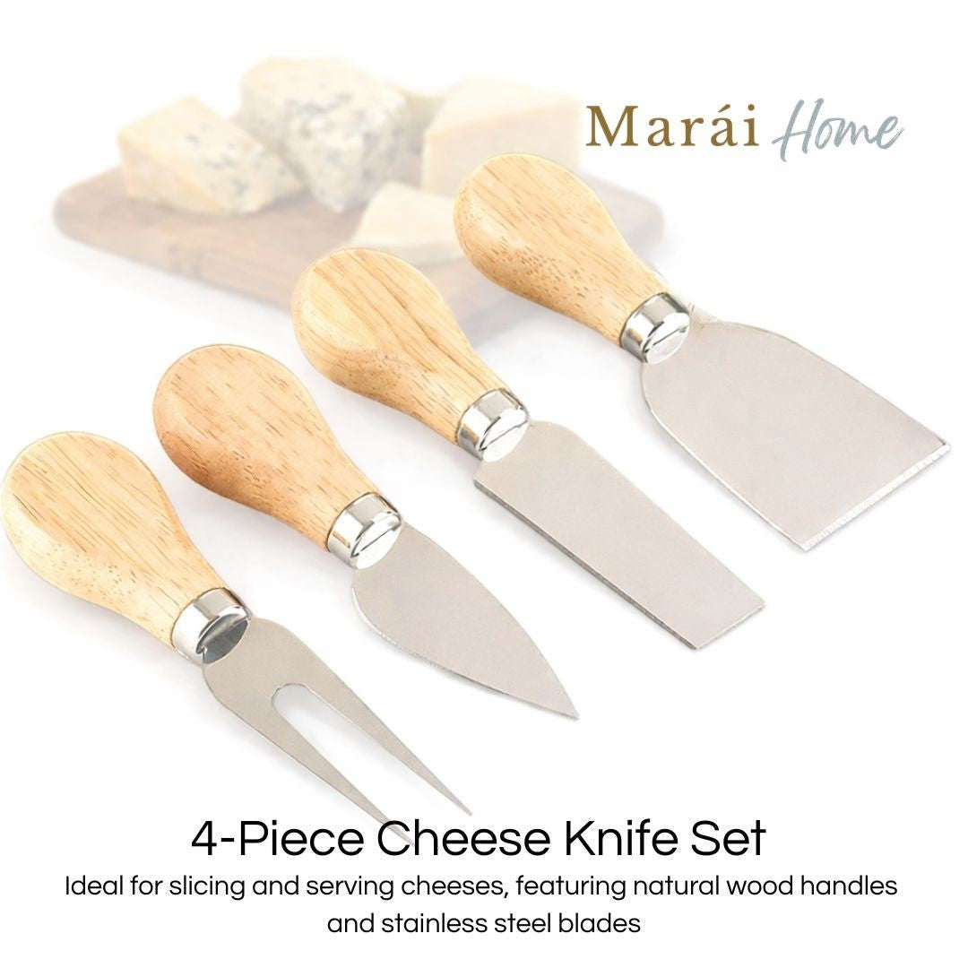 Marai Home 4-piece cheese knife set with stainless steel blades and natural wood handles, ideal for slicing and serving cheese.