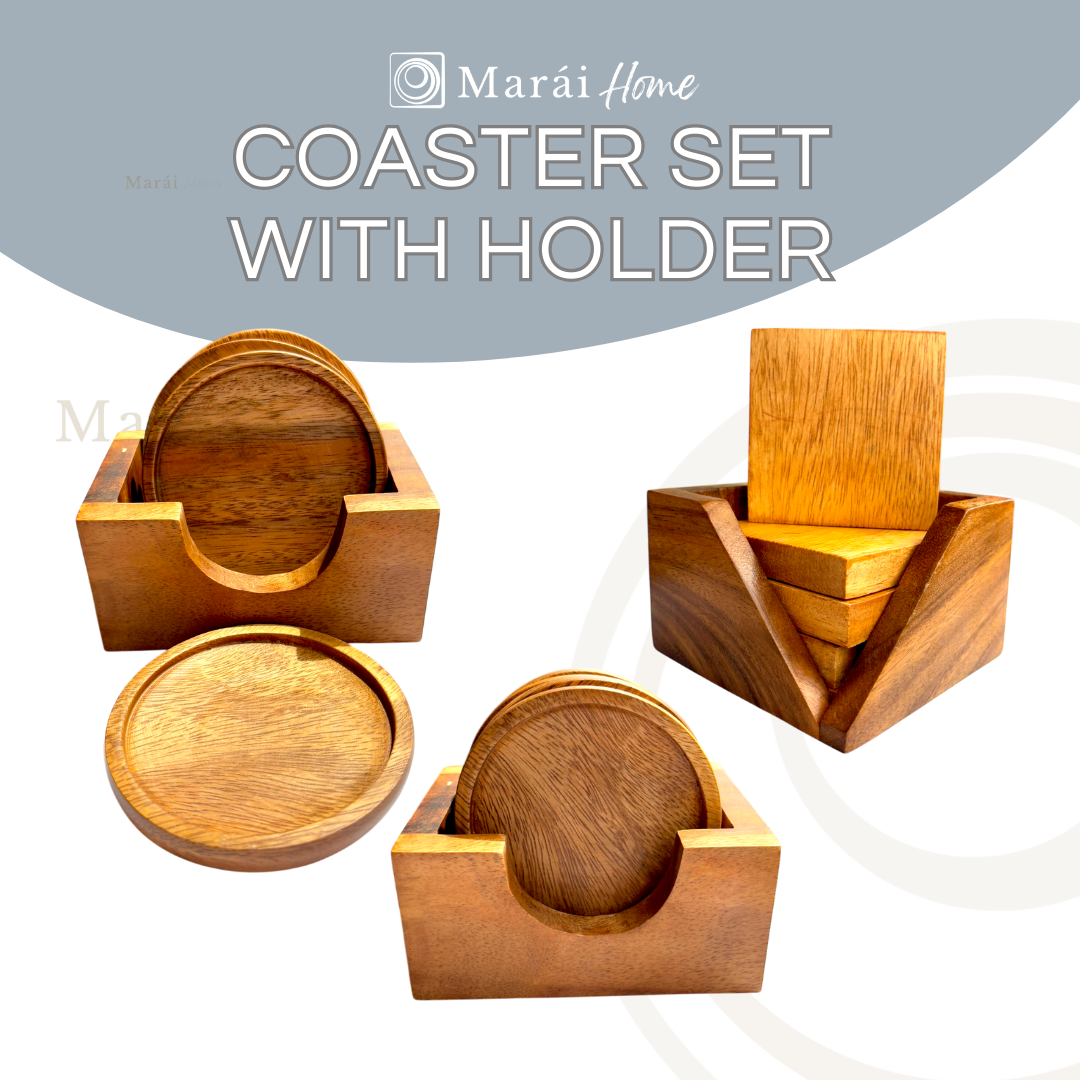 Coaster Set with Holder - Square and Round 4 pcs Set