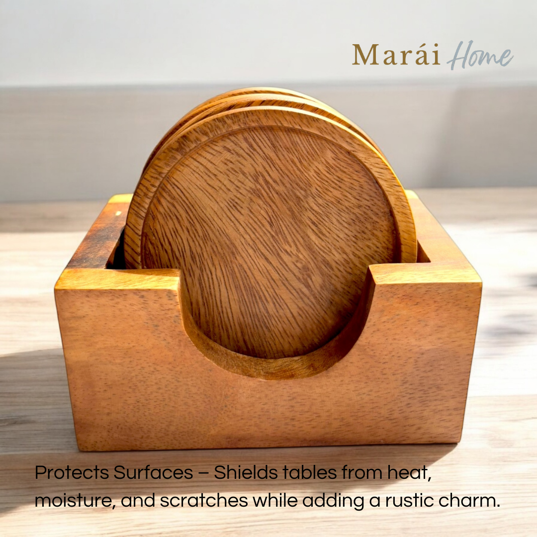 Coaster Set with Holder - Square and Round 4 pcs Set
