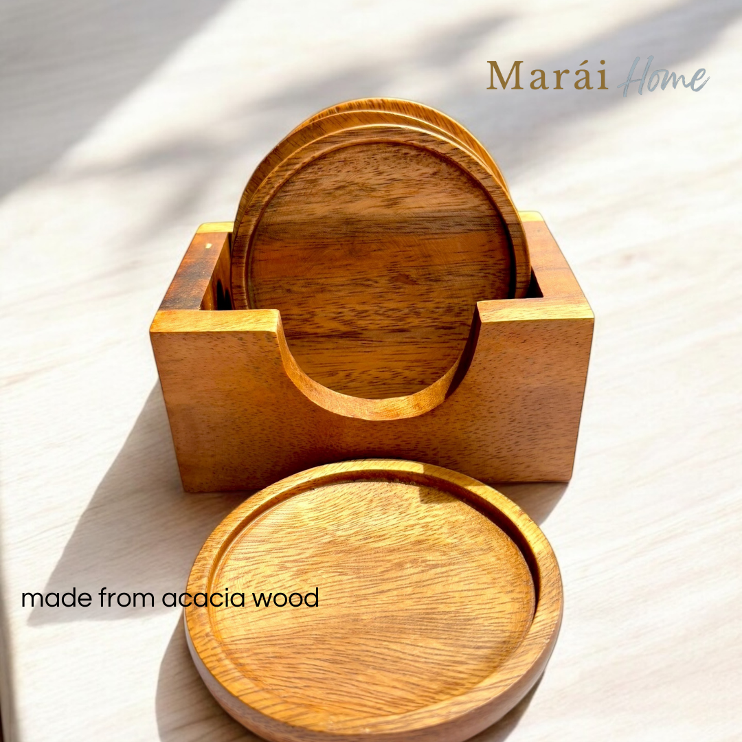 Coaster Set with Holder - Square and Round 4 pcs Set