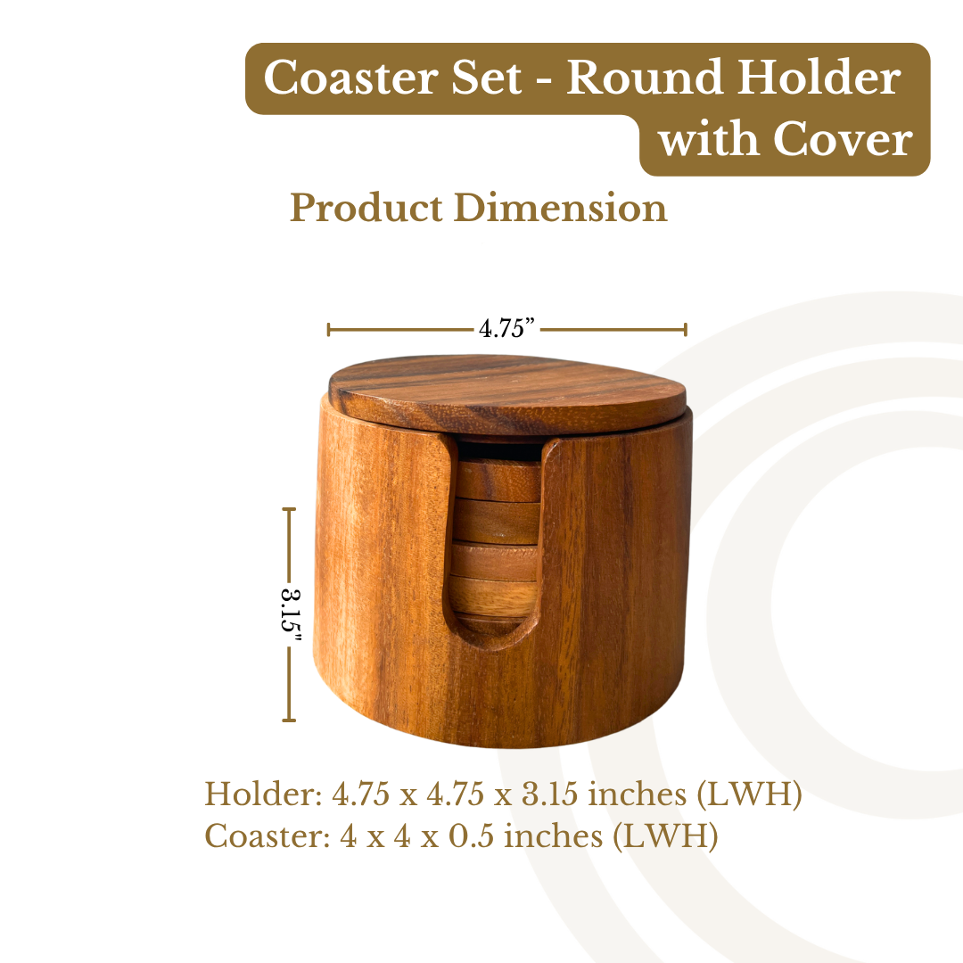 Marai Home Coaster Set - Round Holder with Cover Mug Coaster Holder Acacia Wood
