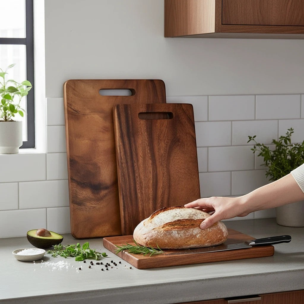 Marai Home Classic Acacia wood chopping board with handle slot, perfect for prep and serving.