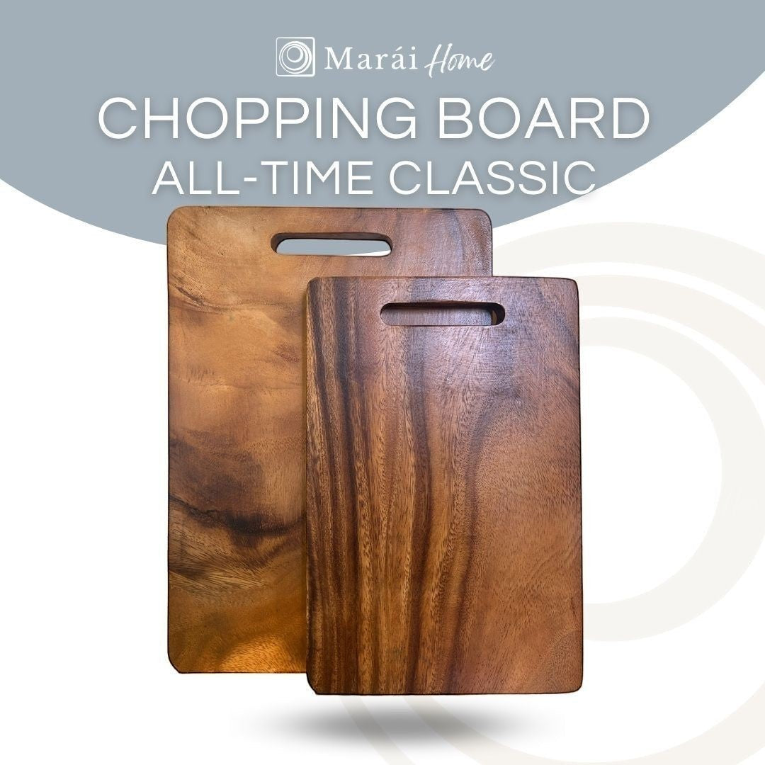 Marai Home Classic Acacia wood chopping board with handle slot, ideal for prep and serving.
