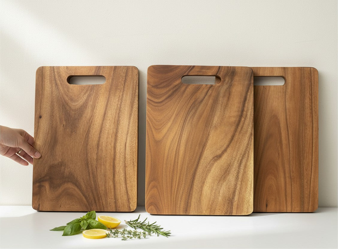 Marai Home Sustainable Seconds medium acacia wood chopping board with handle cutout. Natural wood grain.