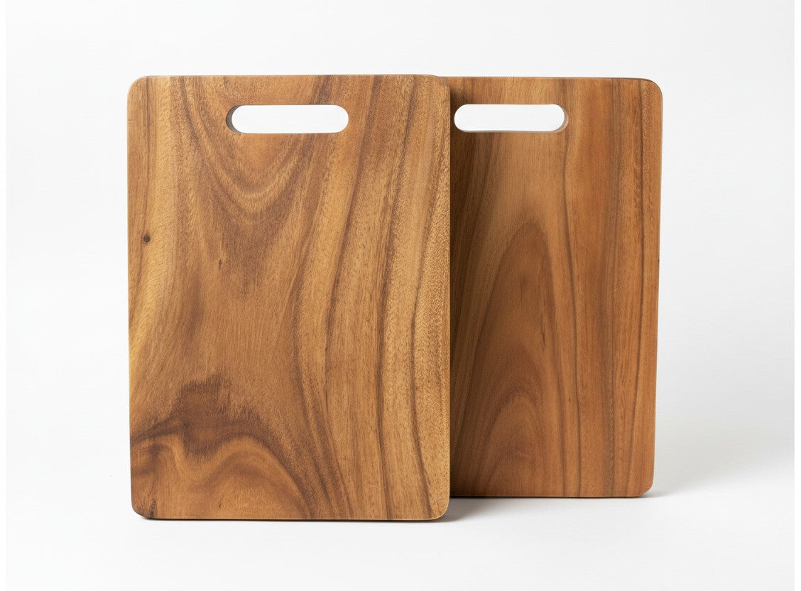 Marai Home Sustainable Seconds medium acacia wood chopping board with handle cutout, natural wood grain.