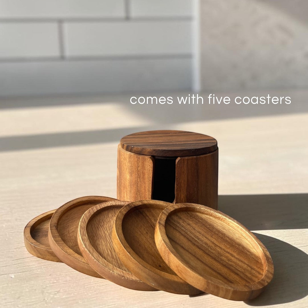 Marai Home acacia wood coaster set with five round coasters and a matching storage holder with a lid