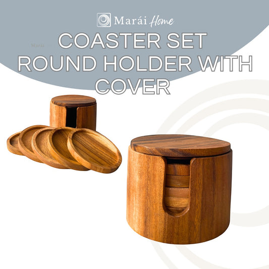 Marai Home handcrafted acacia wood coaster set with five round coasters and a matching storage holder with a lid.