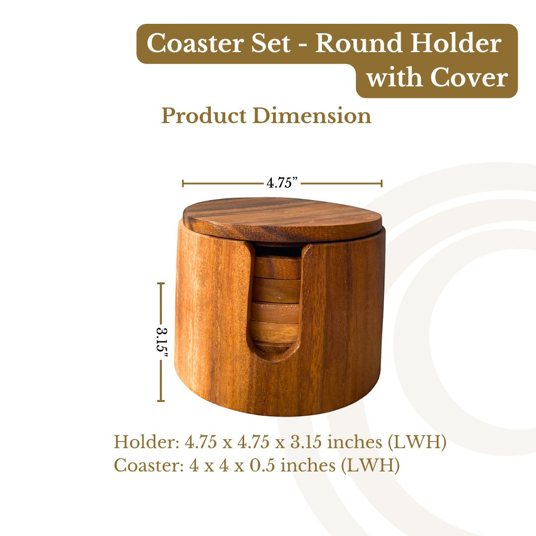 Marai Home acacia wood coaster set with round storage holder and lid, showing dimensions for home and office use.