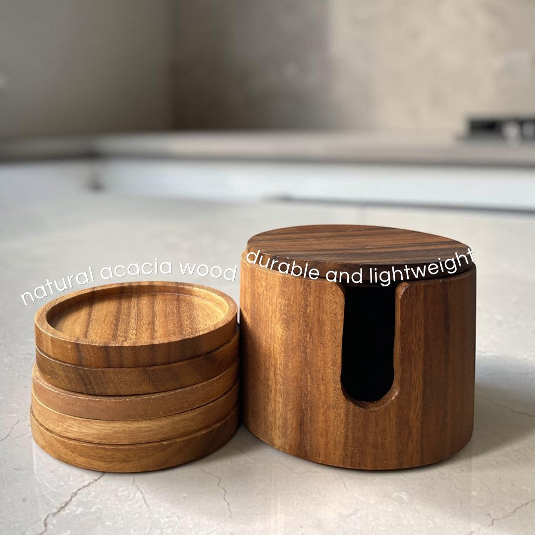 Marai Home acacia wood coaster set with five round coasters and a matching storage holder on a kitchen counter