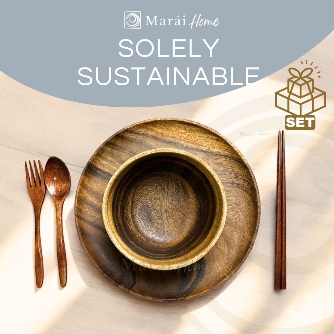 Marai Home Solely Sustainable acacia wood dining set including a round plate, soup bowl, fork, spoon, and chopsticks.