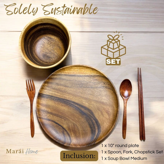 Marai Home sustainable acacia wood dining set featuring a round plate, soup bowl, fork, spoon, and chopsticks.