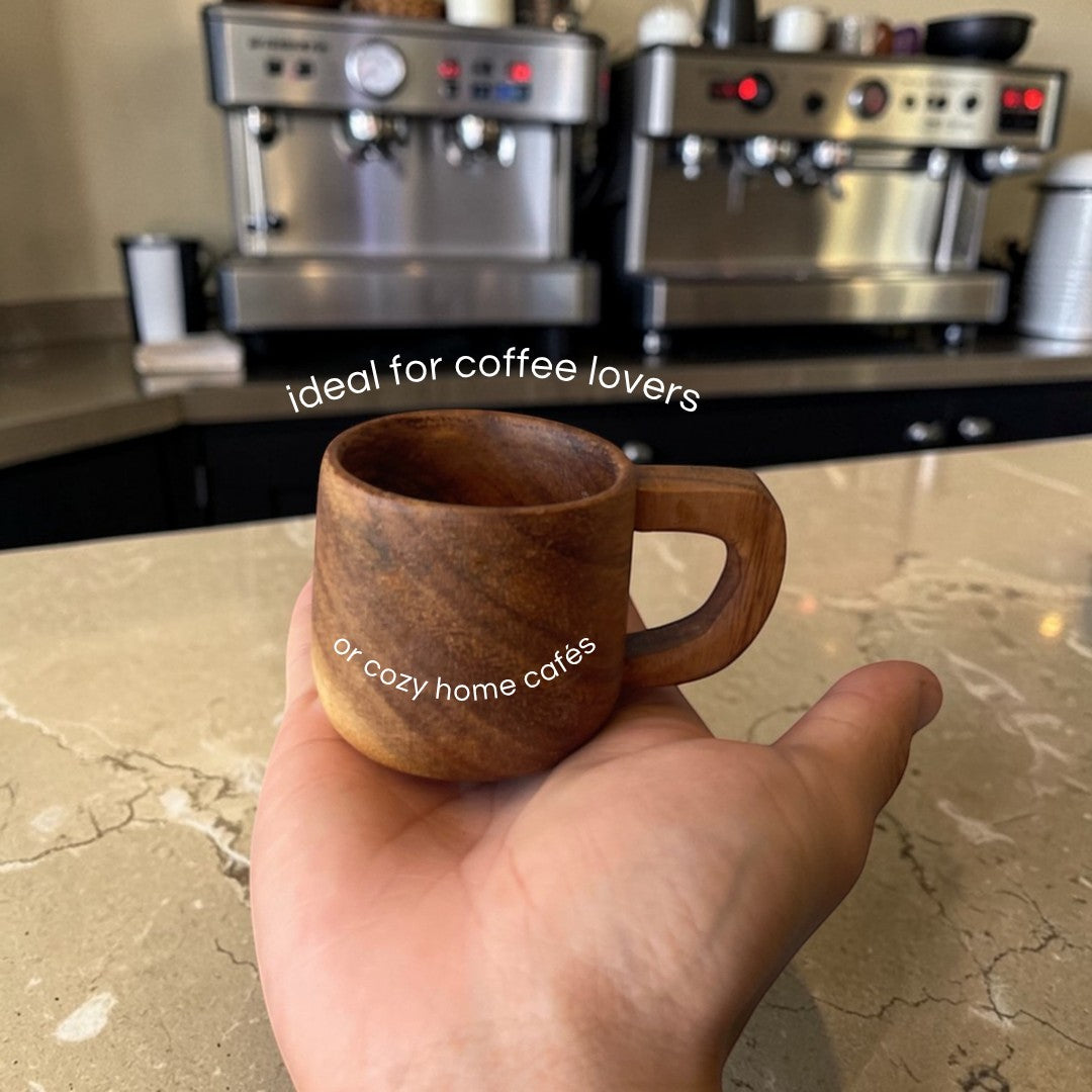Marai Home small acacia wood espresso cup with handle, perfect for serving coffee or as decor.