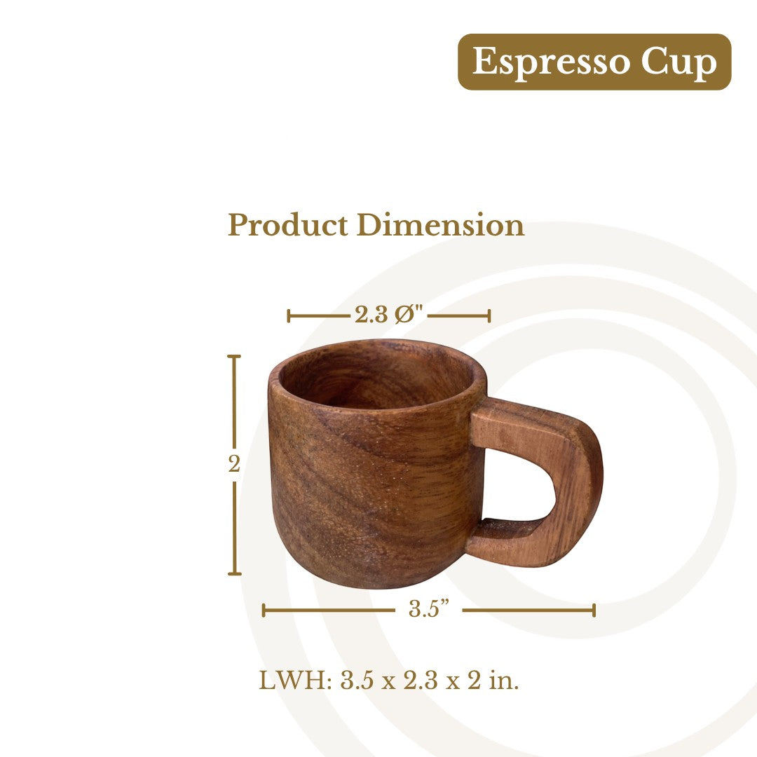 Marai Home espresso cup made from natural acacia wood with a rustic finish and a square handle. Dimensions shown.