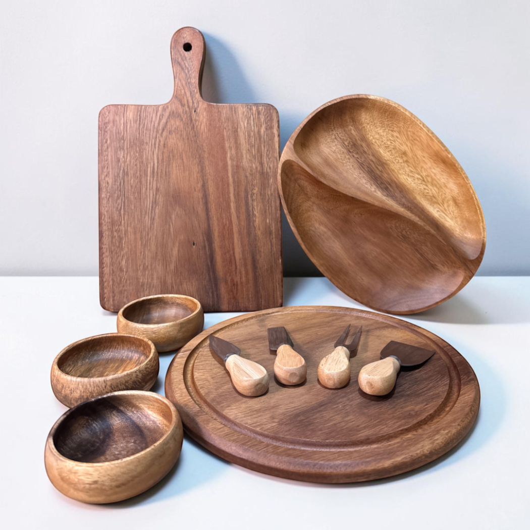Marai Home grazing table bundle featuring acacia wood serving boards, a YinYang platter, condiment bowls, and knives.