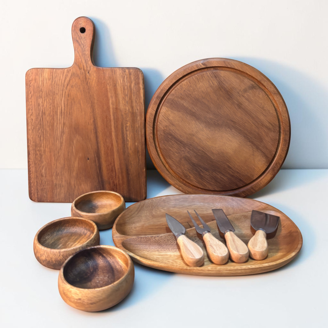 Marai Home grazing table bundle featuring acacia wood serving boards, condiment bowls, and a cheese knife set.