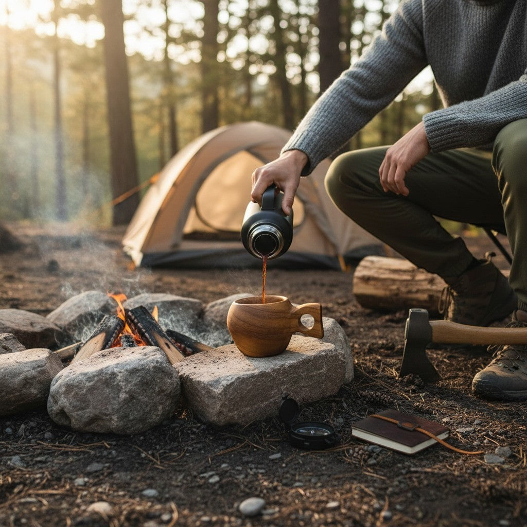 Marai Home handcrafted acacia wood mug being filled with coffee next to a campfire and tent.