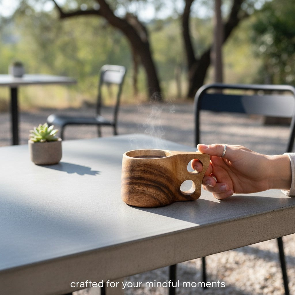 Marai Home handcrafted acacia wood mug with unique double handle, holding hot coffee outdoors.