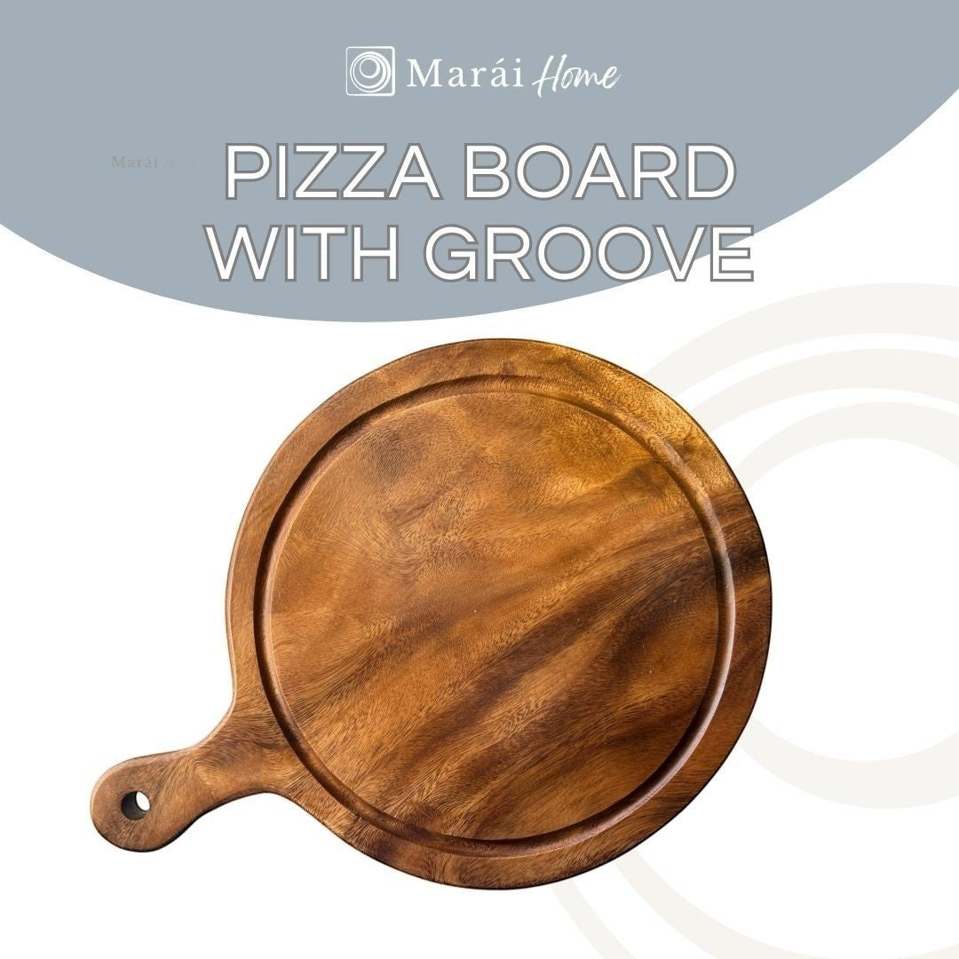 Marai Home round acacia wood pizza board with groove and handle, perfect for serving pizza or charcuterie.