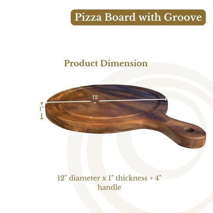 Marai Home 12-inch round acacia wood pizza board with groove and handle, perfect for serving pizza or charcuterie.