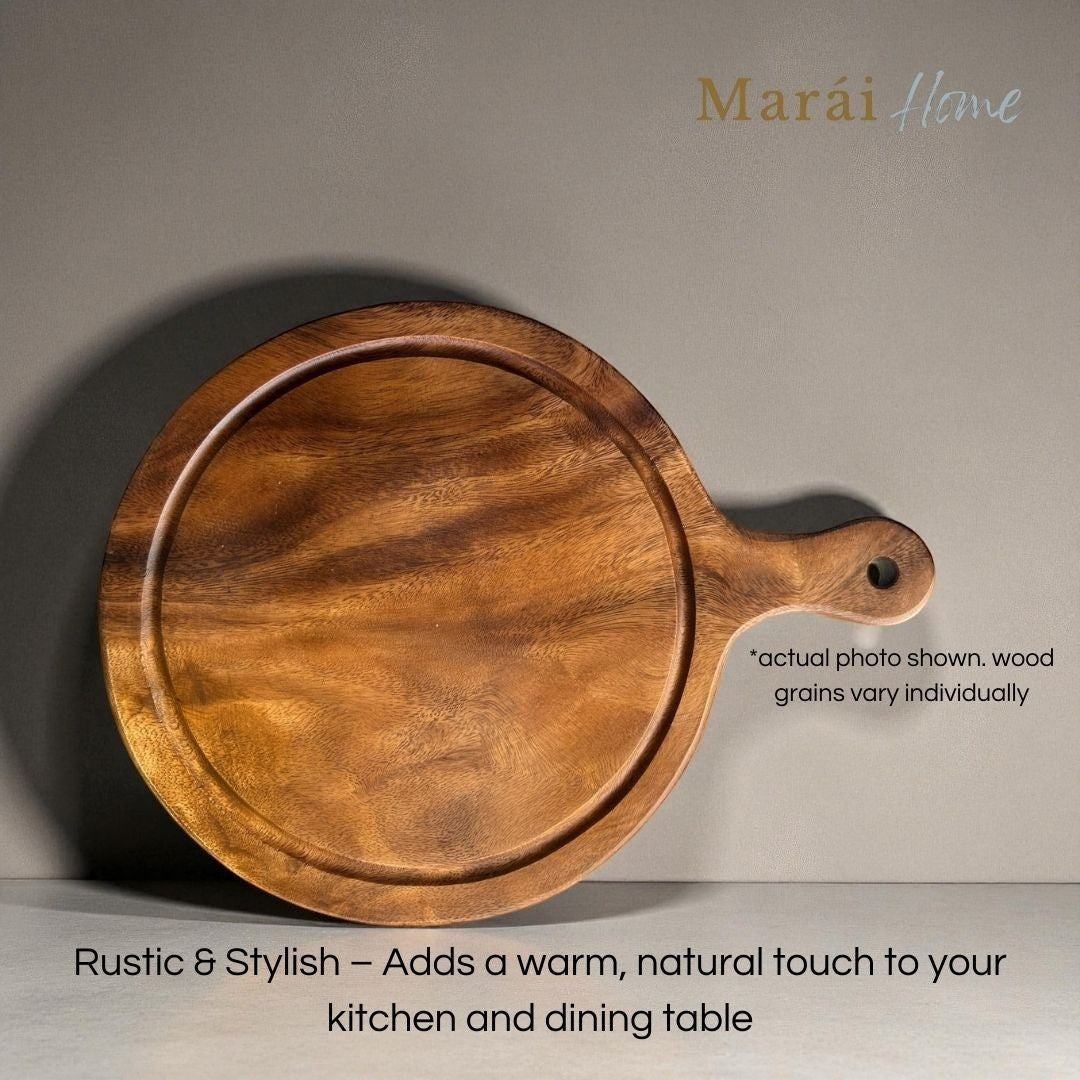Marai Home round acacia wood pizza board with groove and handle, ideal for serving pizza or charcuterie.