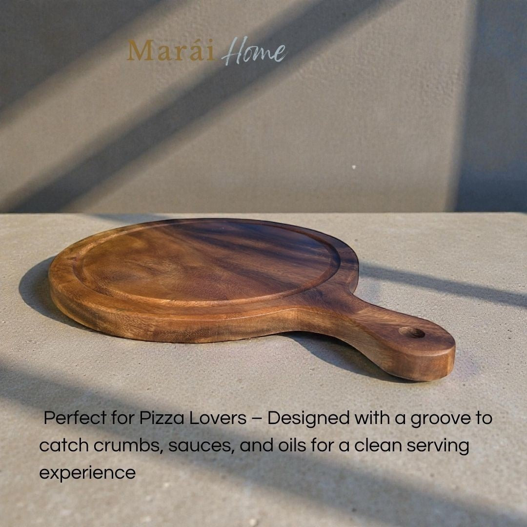 Marai Home round acacia wood pizza board with groove and handle, ideal for serving pizza or charcuterie.