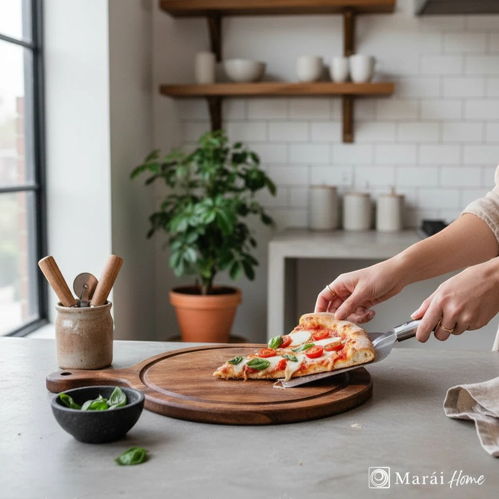 Marai Home round acacia wood pizza board with groove, serving a slice of pizza.