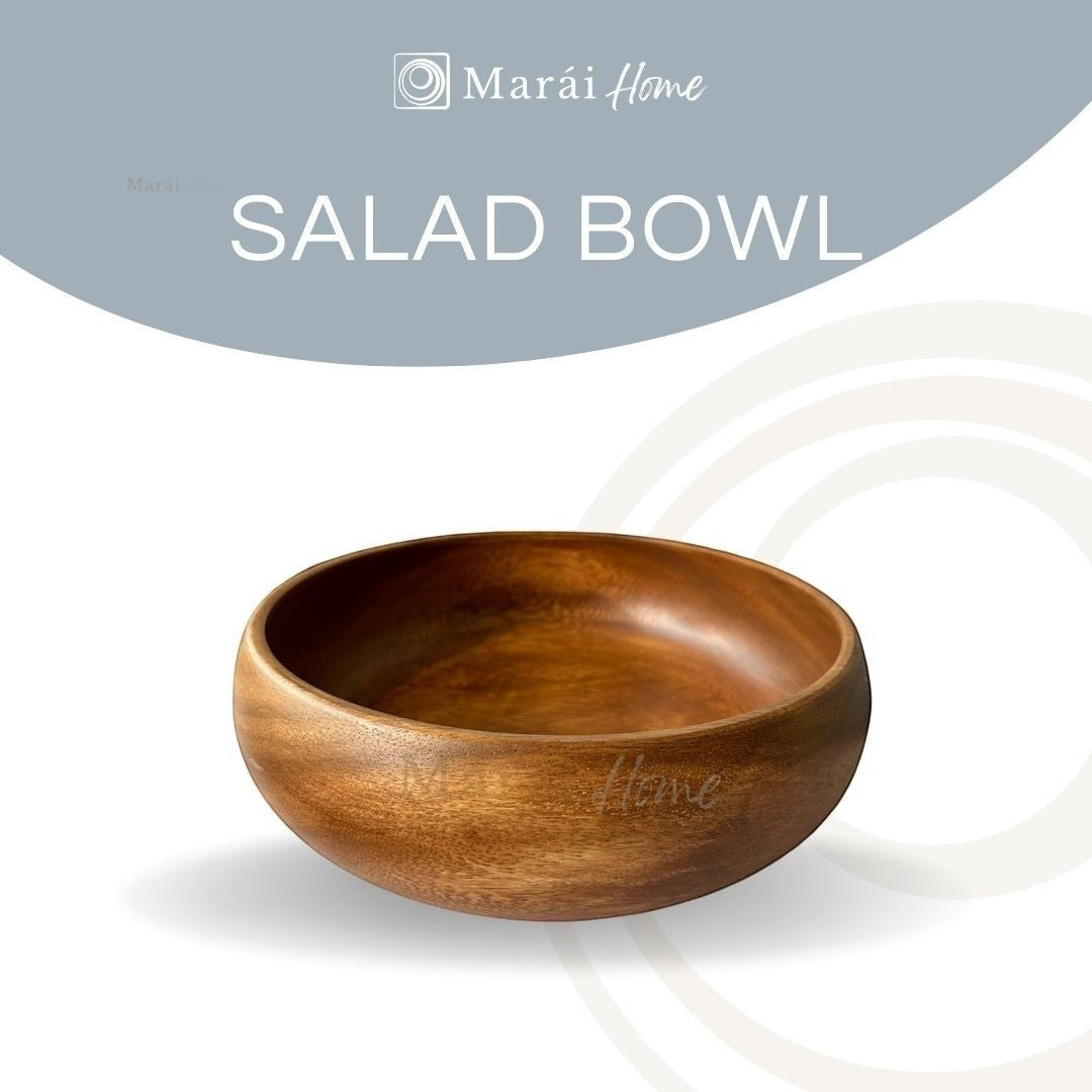 Marai Home handcrafted acacia wood salad bowl with a smooth polished finish and unique natural grain patterns.