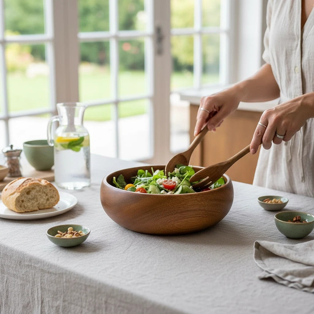 Marai Home handcrafted acacia wood salad bowl with wooden serving spoons on a linen tablecloth
