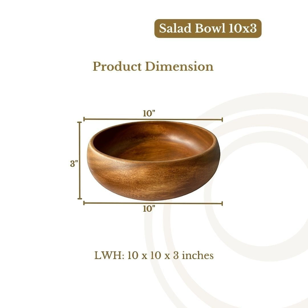 Marai Home 10-inch acacia wood salad bowl with natural grain patterns and a smooth lacquered finish.
