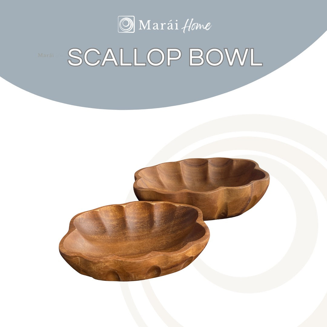Marai Home handcrafted acacia wood scallop bowls in two sizes with a natural wood grain finish.