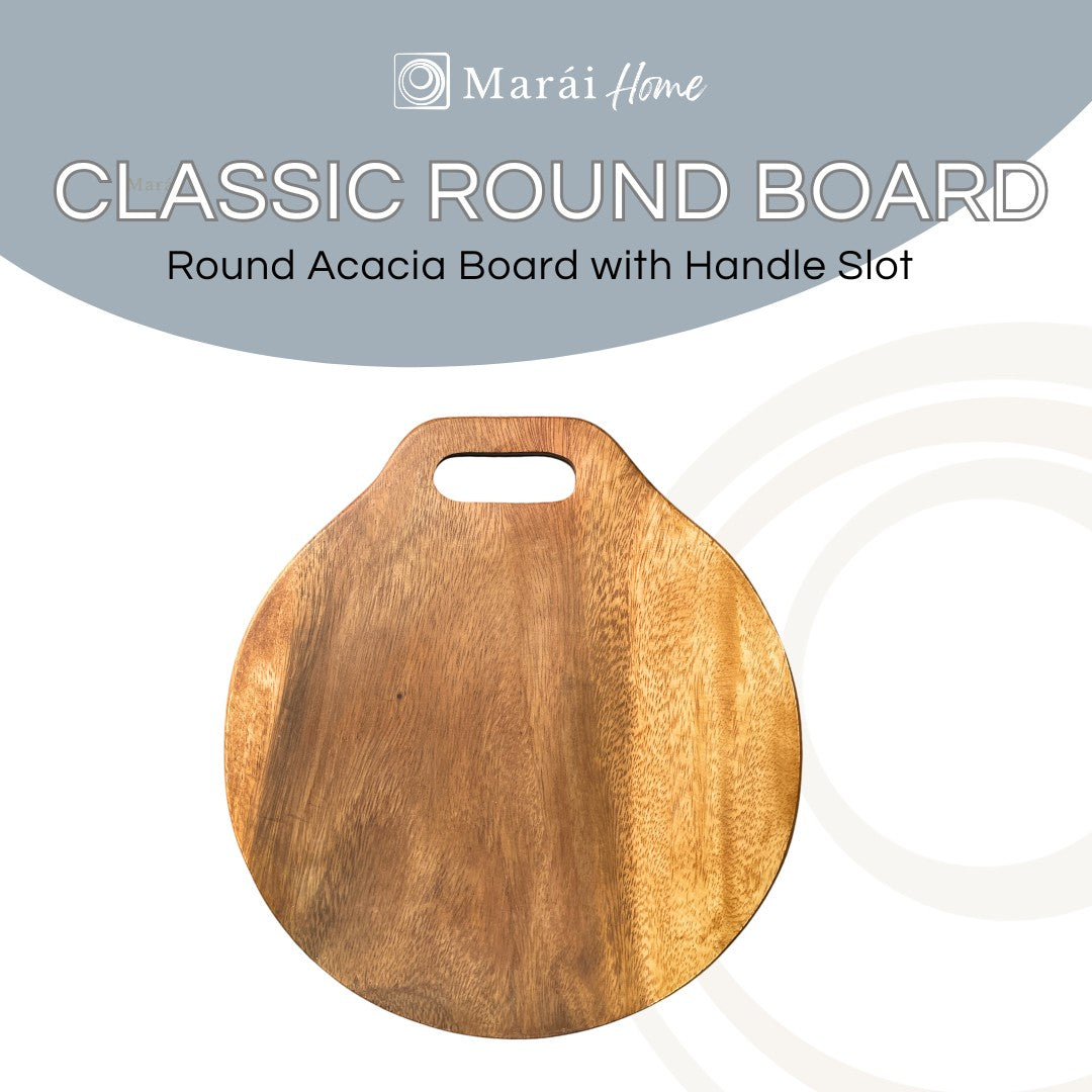 Marai Home Classic Round Acacia Wood Serving Board with handle slot, natural wood grain, perfect for cutting or serving.