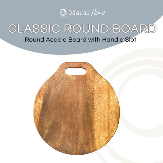 Marai Home Classic Round Acacia Wood Serving Board with handle slot, natural wood grain, perfect for cutting or serving.