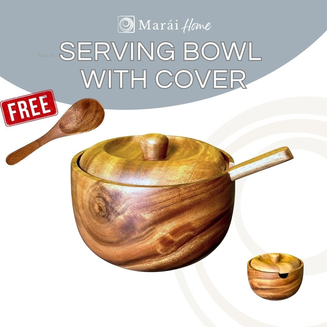 Marai Home acacia wood serving bowl with cover and spoon, 8" x 5", natural wood grain, ideal for salads, soups, or snacks.