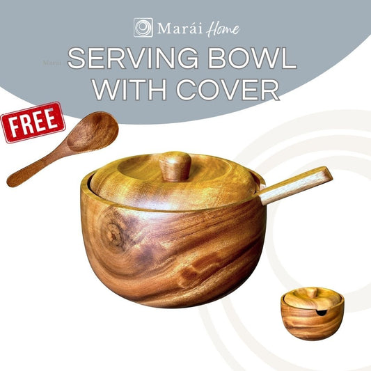 Marai Home acacia wood serving bowl with cover and spoon, 8" x 5", natural wood grain, ideal for salads, soups, or snacks.