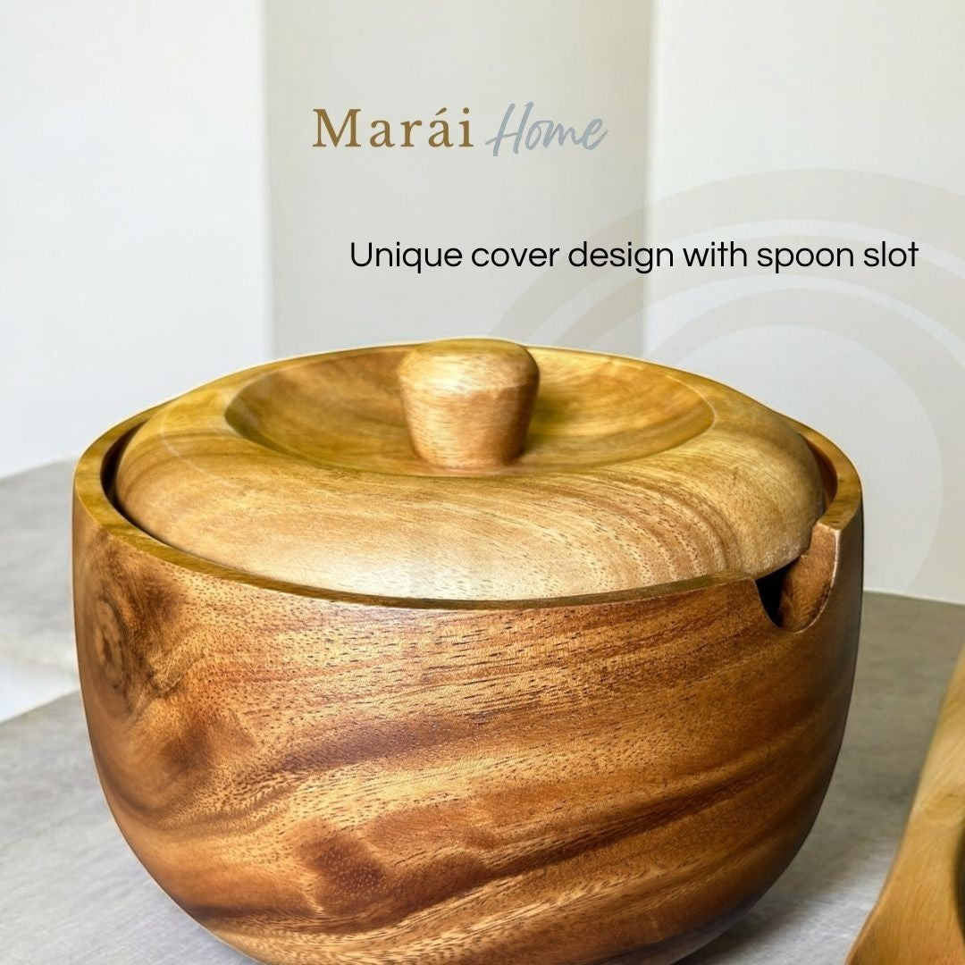 Marai Home acacia wood serving bowl with lid and spoon slot, 8" x 5"