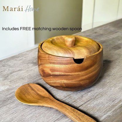 Marai Home acacia wood serving bowl with lid and spoon, 8" x 5", natural wood grain