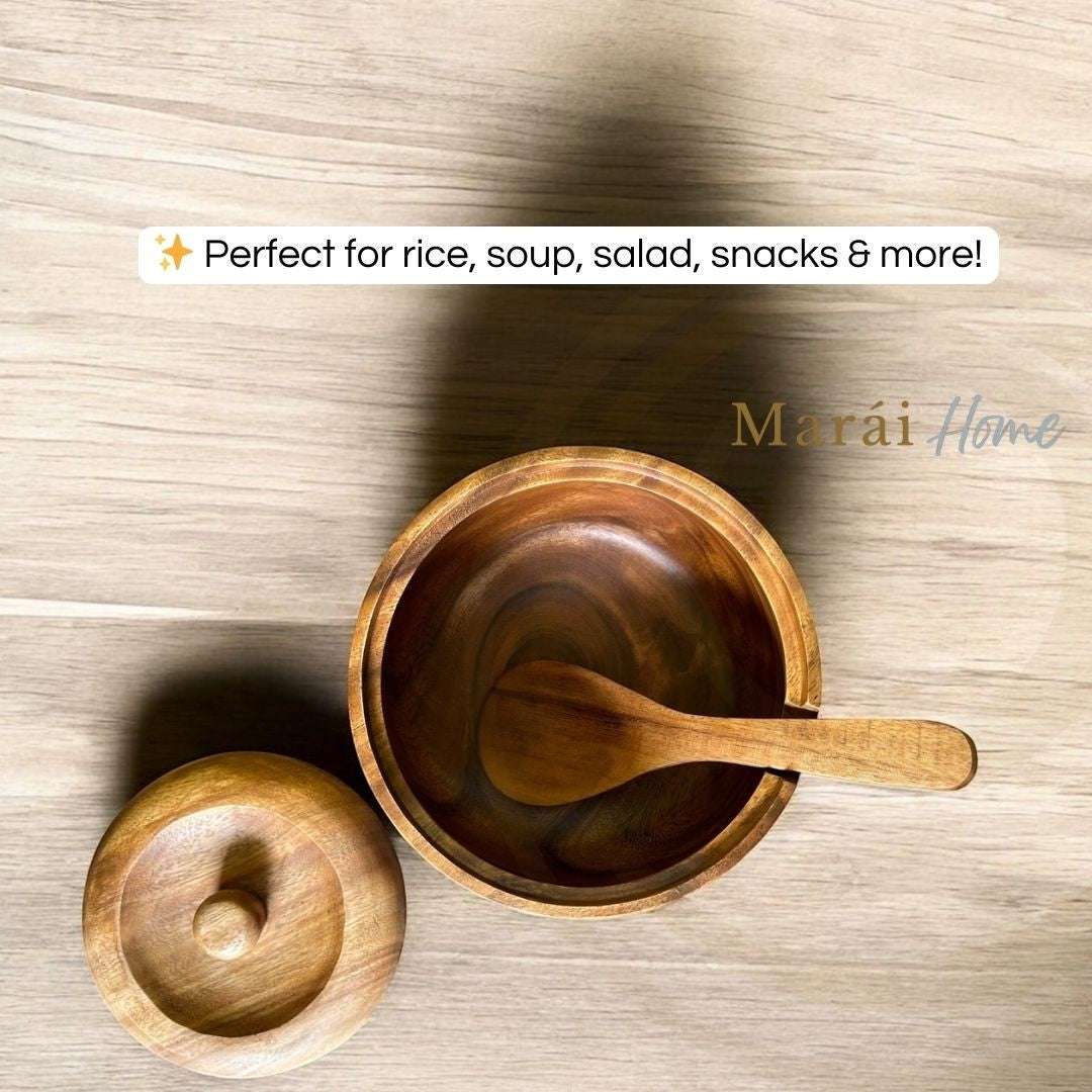Marai Home acacia wood serving bowl with cover and spoon, 8" x 5", perfect for rice, soup, salad, or snacks.