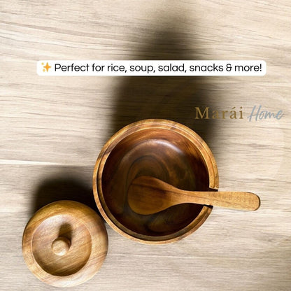 Marai Home acacia wood serving bowl with cover and spoon, 8" x 5", perfect for rice, soup, salad, or snacks.