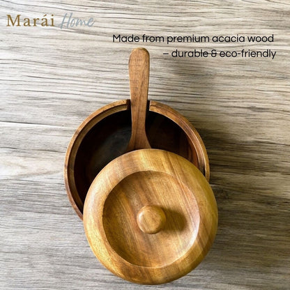 Marai Home acacia wood serving bowl with cover and spoon, 8" x 5", natural wood grain, ideal for salads, soups, or snacks.