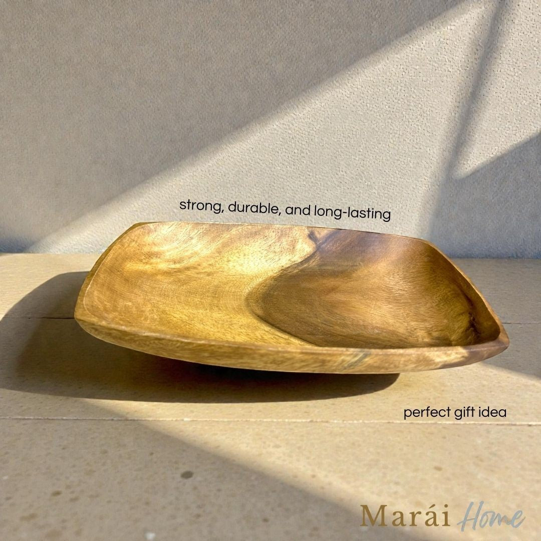 Marai Home rectangle serving dish made of solid acacia wood with a natural grain finish and smooth polished surface.