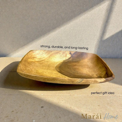 Marai Home rectangle serving dish made of solid acacia wood with a natural grain finish and smooth polished surface.