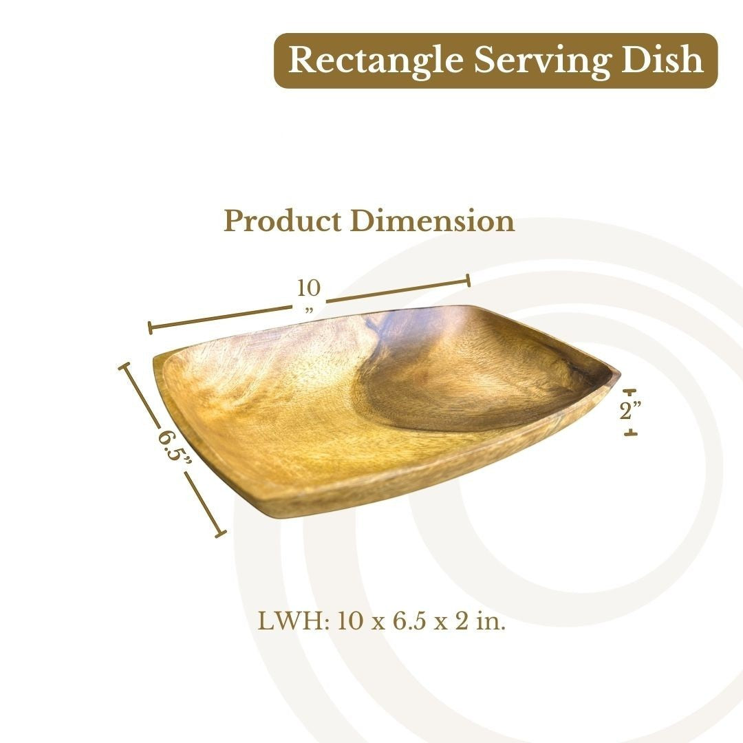 Marai Home rectangular serving dish made of solid acacia wood with natural grain and 2-inch depth for food display.
