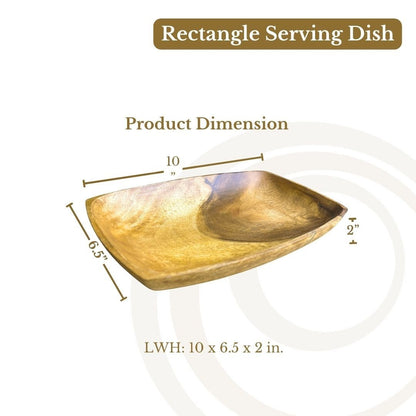 Marai Home rectangular serving dish made of solid acacia wood with natural grain and 2-inch depth for food display.
