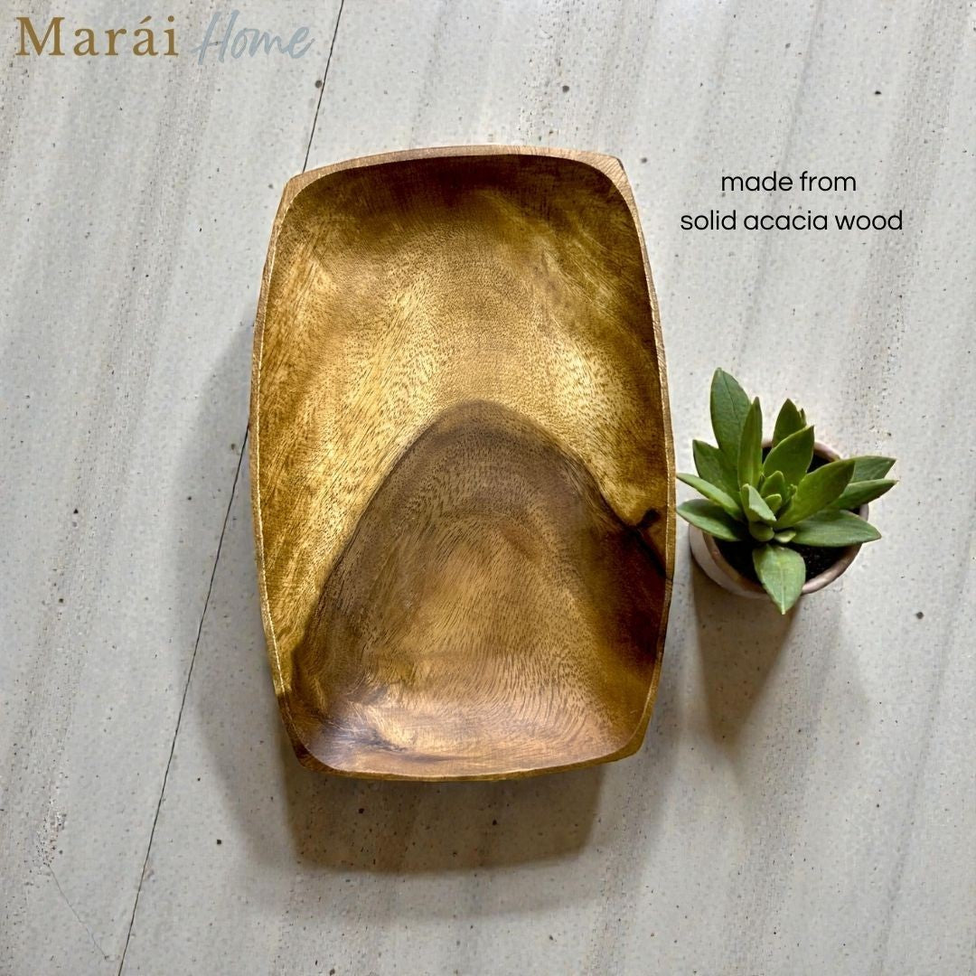 Marai Home rectangle serving dish made from solid acacia wood with a smooth natural grain finish